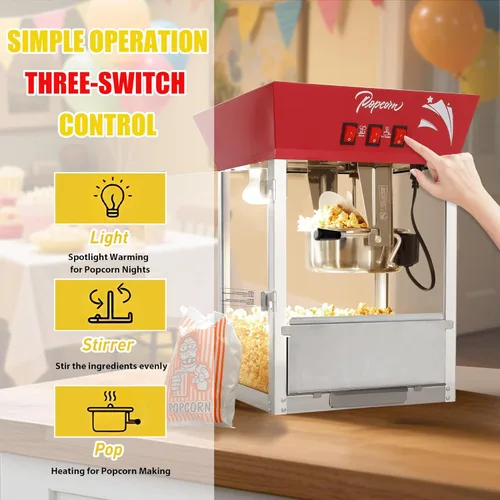 Miniatura 6 de Máquina de palomitas de maíz de 12 onzas (rojo) - Máquina de palomitas de maíz para encimera, 3 interruptores fáciles, hace hasta 48-60 tazas