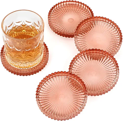 Miniatura 12 de Juego de 5 posavasos modernos transparentes de cristal para bebidas, posavasos redondos y elegantes, bonitos posavasos para mesa de café para Ámbar