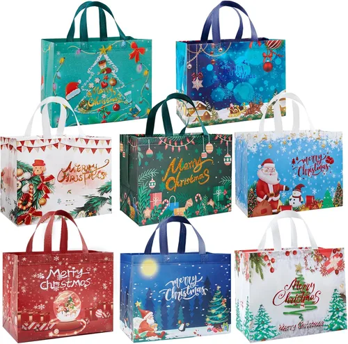 YANGTE Paquete de 8 bolsas de regalo de Navidad con asas, bolsas grandes no tejidas para envolver recuerdos de fiesta de Navidad, 12.8 x 9.8 x 6.7