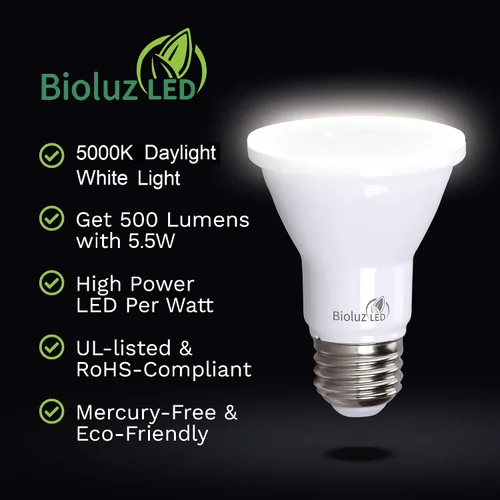 Miniatura 3 de Bioluz LED PAR20 Bombillas LED de luz diurna de 5000K, 90 CRI, bombilla LED regulable, 5.5W = reemplazo de 75W, base estándar E26, ángulo de haz