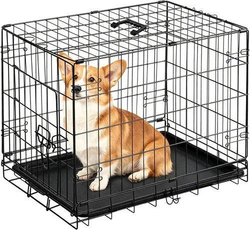 Miniatura 9 de DUMOS Jaula para perros, jaula pequeña de una sola puerta de 24 pulgadas con bandeja de plástico a prueba de fugas, perrera plegable de alambre