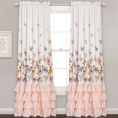 Miniatura 2 de Lush Decor - Cortinas de mariposas Flutter Juego de paneles con diseño de volantes para ventana de la sala, comedor, dormitorio (par), 84 x 52 Rosa