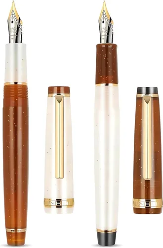Miniatura 5 de Jinhao 82 Pluma estilográfica acrílica con convertidor, blanco transparente y azul malaquita con borde dorado, juego de 2 bolígrafos de escritura