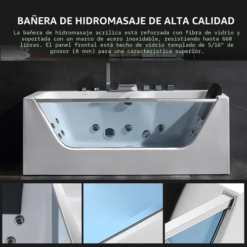 Miniatura 8 de Empava - Tina de hidromasaje rectangular de 1.50 m de acrílico para nicho con centro de drenaje - Tina de remojo con chorro y grifo en cascada
