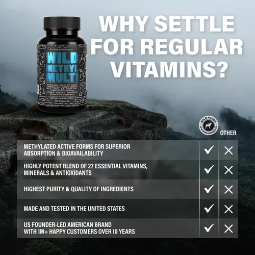 Miniatura 7 de Multivitamínico metilado Wild para mujeres y hombres Multivitamina diaria Suplemento MTHFR sin hierro B12 metilado, folato, vitamina C, A, K2