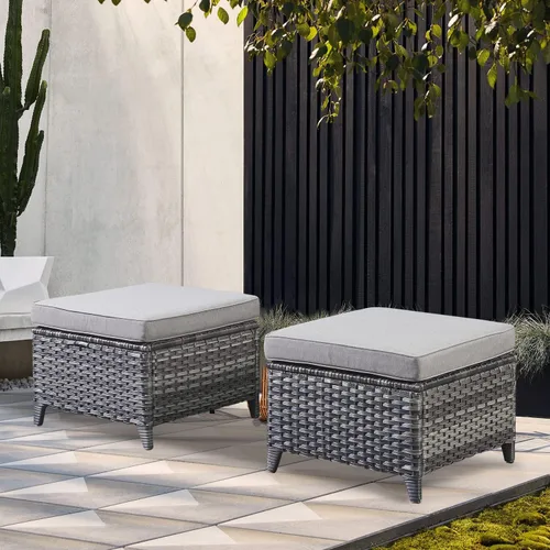 Miniatura 2 de Belord Juego de 2 taburetes otomanos de mimbre de ratán para todo tipo de clima, con cojines suaves para muebles de patio Cojín de mimbre gris/gris