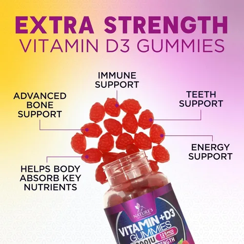 Miniatura 5 de Gomitas de suplemento de vitamina D – Vitamina D3 125 mcg 5000 UI por porción – hueso, dientes, músculo e inmunidad apoyo para la salud para hombres