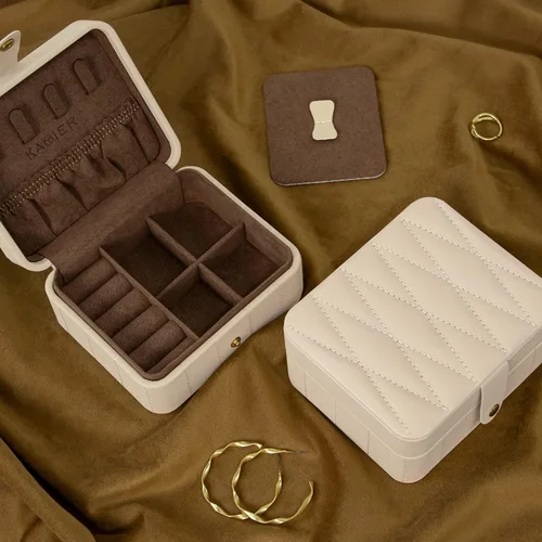Miniatura 2 de KAMIER Joyero de viaje, de cuero acolchado con diamante, cajas de joyería portátiles para mujeres y niñas, organizador pequeño para collares