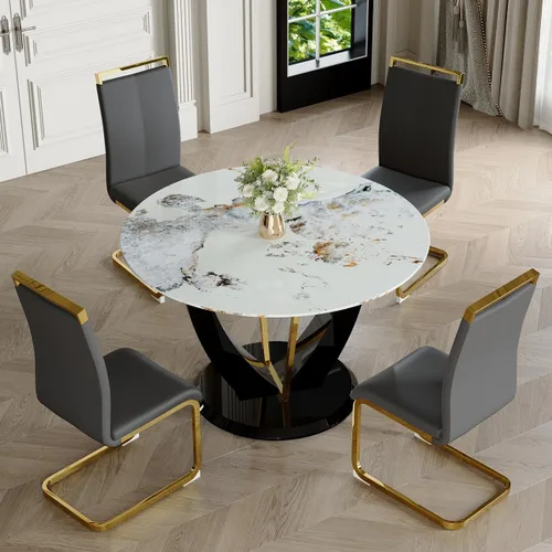 Miniatura 31 de Juego de mesa de comedor redonda para 4, mesa moderna de 48" con tapa de mármol sintético falso y pedestal brillante negro, juego de mesa de cocina