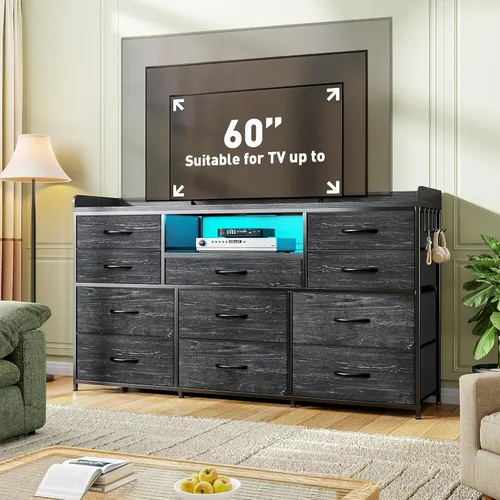 Miniatura 2 de Cómoda negra para dormitorio con luces LED y estación de carga y 4 ganchos, 11 cajones y cómodas de tela larga para TV de 50, 55, 60 pulgadas
