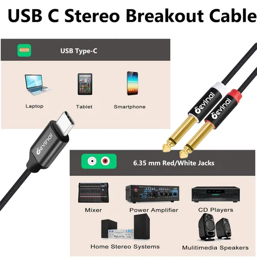 Miniatura 4 de Cable de audio USB C a 1/4 de pulgada, tipo C a doble cable auxiliar estéreo TRS de 0.250 in, divisor en Y para teléfono inteligente, tableta, 2