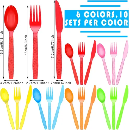 Miniatura 2 de Hoolerry Juego de cubiertos de plástico desechables de 180 piezas de colores neón para fiesta, arcoíris, utensilios de plástico a granel, incluye