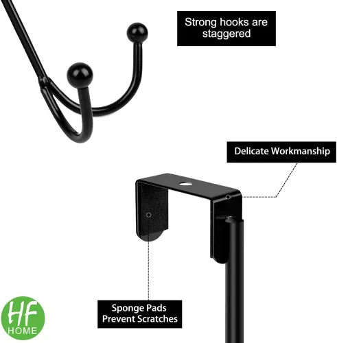 Miniatura 6 de HFHOME Paquete de 2 ganchos dobles para colgar sobre la puerta, organizador de ganchos dobles de metal para colgar abrigos, sombreros, batas, Negro