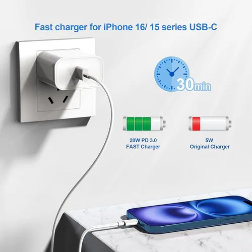 Miniatura 2 de Cable de 10 pies para Apple iPhone 16 15 Pro Max, cargador de carga rápida, iPad, AirPods 4 (USB-C), 20 W tipo C Blcok de 10 pies de largo, cable