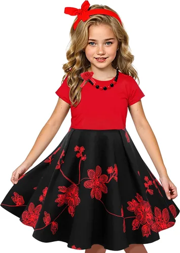 Tao-Ge Vestido vintage de lunares para niñas, vestidos de fiesta retro de los años 50, vestido de fiesta con vuelo, talla 6-12 con collar