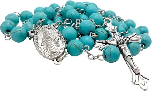 Miniatura 7 de Nazareth Store Collar de cuentas de piedra de mármol azul cielo rosario turquesa con cuentas de medalla milagrosa católica y cruz de Jesús 20