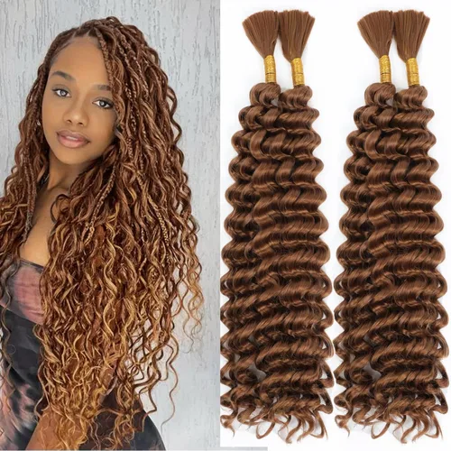 Miniatura 14 de Mezcla de cabello humano para trenzar, cabello sintético rizado bohemio para trenzar, trenzas bohemias de 16 pulgadas, 4 paquetes de 110g/paquete