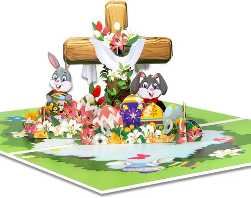 Miniatura 15 de GREETING ART Tarjeta desplegable de Pascua, diseño de ramo de conejo de cruz de lirio colorido 3D, tarjetas de felicitación de ramo de Pascua 3D