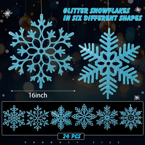 Miniatura 2 de Sratte 24 adornos de copo de nieve grandes de 16 pulgadas, copos de nieve colgantes decorativos con purpurina gigante, 6 diseños de adornos