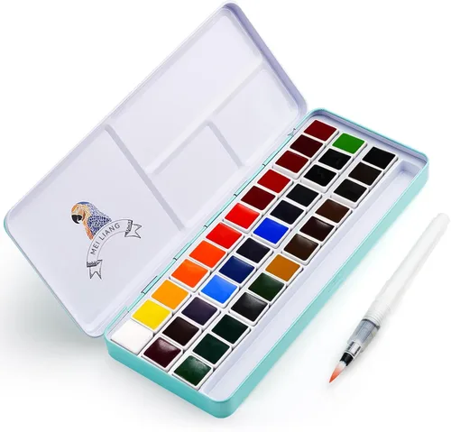 Juego de acuarelas MeiLiang, 36 colores vívidos en caja de bolsillo con anillo de metal y pincel de acuarela, perfecto para estudiantes,