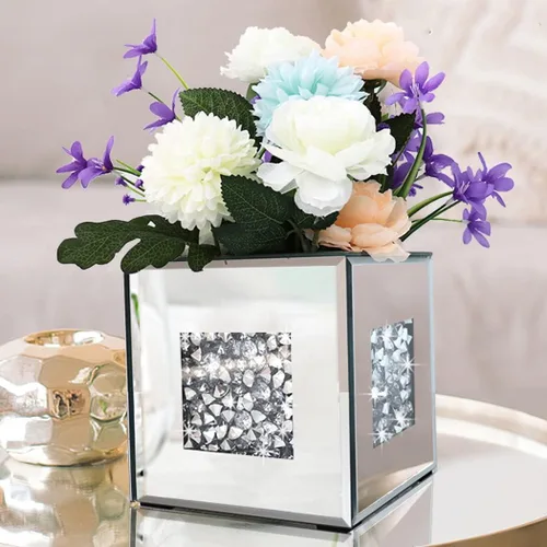 Jarrón Espejado de Diamante Triturado 6x6x6 pulgadas de Cristal Plateado, Jarrón Decorativo Impresionante de Vidrio para Flores, Lujoso para