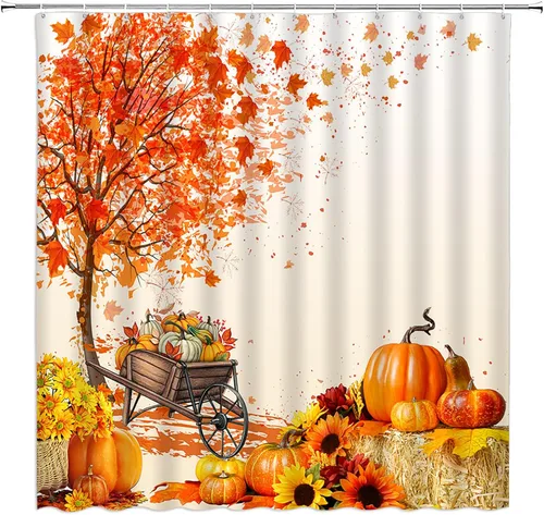 Miniatura 2 de Cortina de ducha de otoño, hojas de arce, calabaza, cosecha de girasol, granja, tela, juego de decoración de baño con gancho