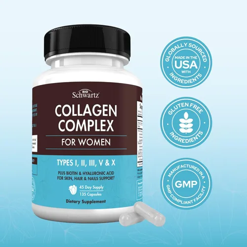 Miniatura 6 de BioSchwartz Cápsulas de péptido de colágeno hidrolizado, suplementos de colágeno múltiple para mujeres tipos I, II, III, V, X con vitamina C