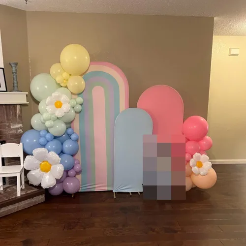 Miniatura 4 de Fundas de telón de fondo de tela con arco iris para fiestas Groovy Party Boho Pastel Rainbows, fundas elásticas para soporte de arco de cumpleaños