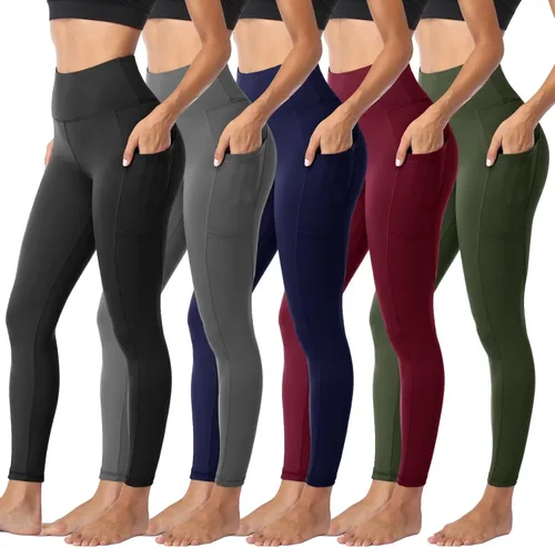 Sundwudu Paquete de 5 leggings para mujer, control de abdomen, pantalones de yoga negros suaves de cintura alta para entrenamiento, tallas regulares