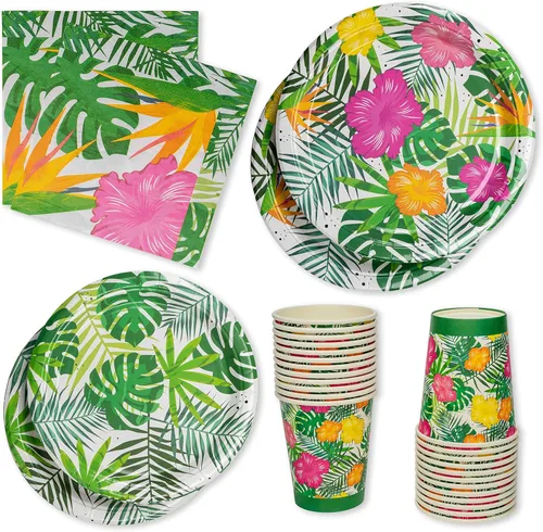 Royal Bluebonnet Luau Platos y servilletas – Juego de 24 suministros para fiestas tropicales, decoraciones de fiesta hawaiana, platos tropicales