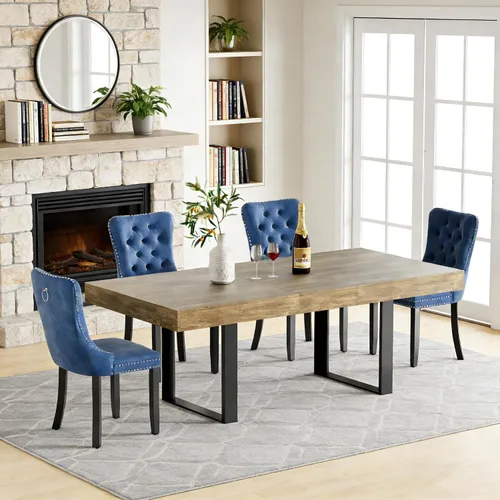 Miniatura 34 de Juego de mesa de comedor extensible de 5 piezas para 4, mesa de cocina de madera marrón de 63-78.7 pulgadas con 4 sillas acolchadas beige, juego