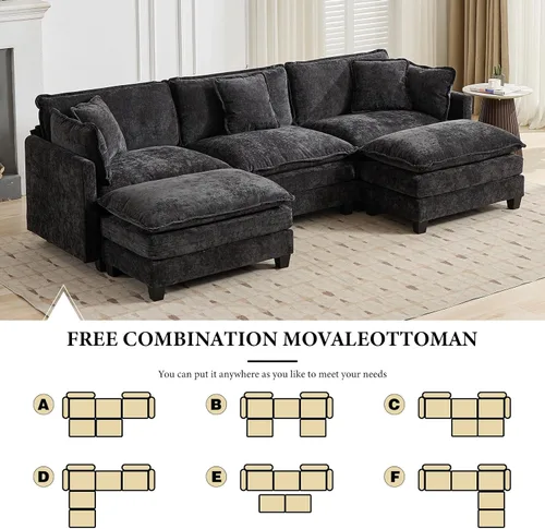 Miniatura 9 de Sofá seccional modular negro de 111.5 pulgadas, 3 plazas, sofás seccionales grandes para sala de estar, sofá nube de tela chenille de gran