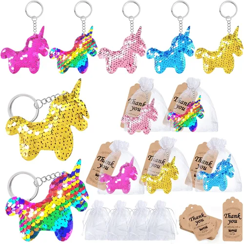 CiciBear Paquete de 60 juegos de fiesta de lentejuelas de doble cubierta de unicornio con 20 llaveros, 20 etiquetas de agradecimiento y 20 bolsas