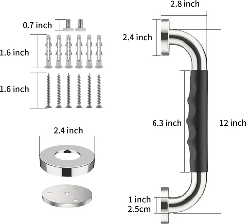 Miniatura 2 de Barras de agarre antideslizantes para ducha de 12 pulgadas con agarre de goma, 1 pulgada de diámetro, mango de barra de agarre de acero inoxidable
