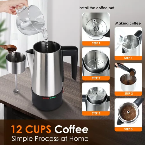 Miniatura 5 de Percolador de café eléctrico de 12 tazas, cafetera percoladora de 800 W, acero inoxidable con perilla transparente, mango de tacto frío, percolador