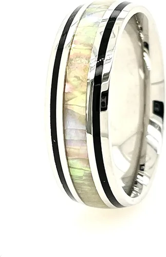 Anillo de ópalo de fuego blanco y esmalte negro plata de acero inoxidable 0315in banda hombres y mujeres tamaño 5 - 14