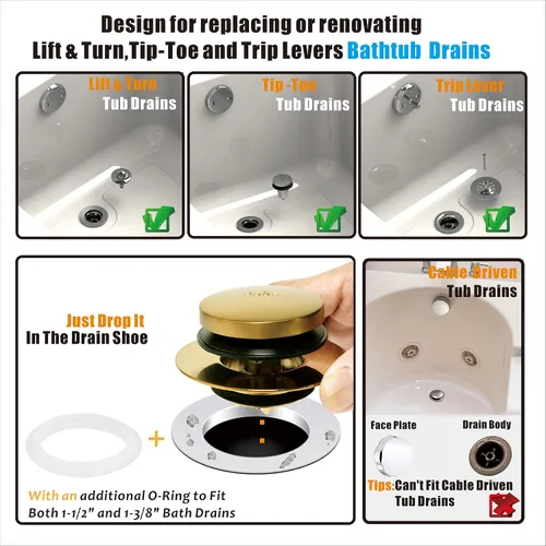 Miniatura 2 de Artiwell Tapón Universal de Drenaje de Bañera Tip Toe y Cubierta, Tapón de Drenaje de Bañera, Reemplaza Elevación y Giro, Desagües Tip-Toe y Palanca
