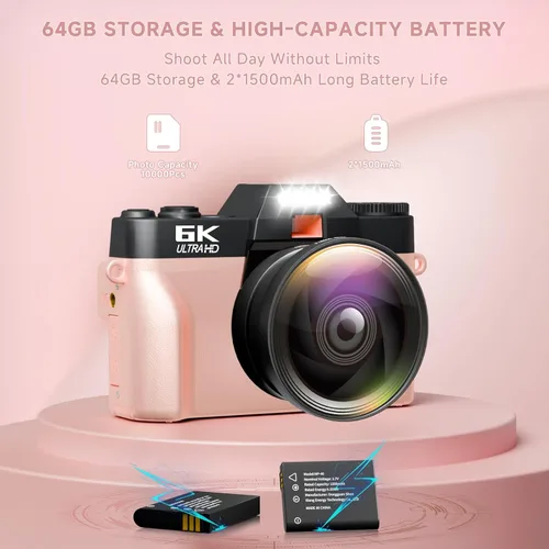 Miniatura 8 de Cámara digital 6K para fotografía con enfoque automático, cámara de videoblogs WiFi de 64MP para YouTube con pantalla giratoria de 3" 180°, zoom Rosa