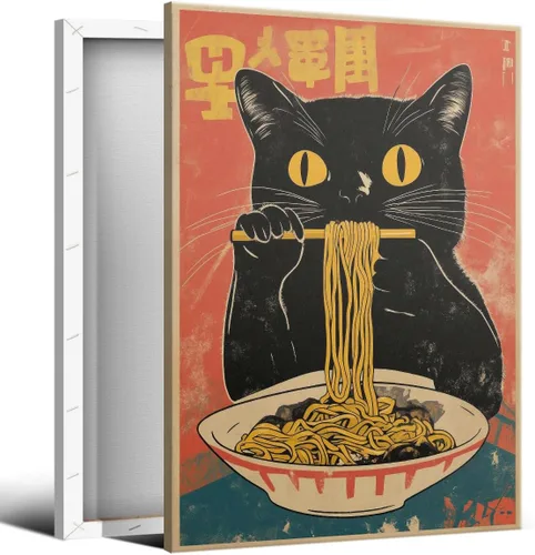 Miniatura 14 de Arte de pared vintage de gato japonés en lona, póster de gato negro peculiar comiendo ramen, impresión de arte retro de animales divertidos