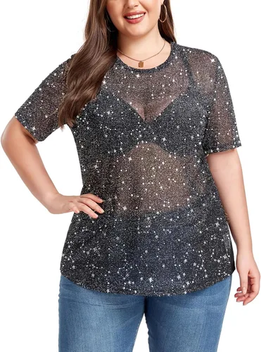 Miniatura 2 de ForHailey Blusa de manga corta transparente de malla para mujer, talla grande