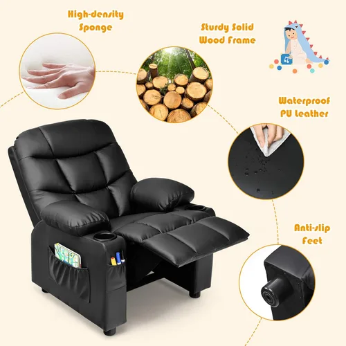 Miniatura 6 de Costzon Silla reclinable para niños con soporte para tazas, silla de salón de cuero ajustable con reposapiés y bolsillos laterales para habitación