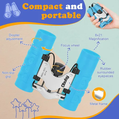 Miniatura 5 de Binoculares reales para niños. Regalos para niños de 3 a 12 años. Niños o niñas. Binoculares compactos de juguete de 8x21 con óptica de alta Azul
