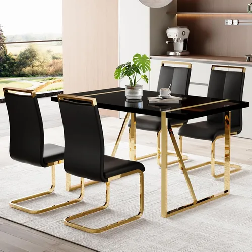 Miniatura 7 de Moderno juego de mesa de comedor para 4, juego de mesa de comedor dorado de 55 pulgadas con 4 sillas de piel sintética negra, mesa de madera negra