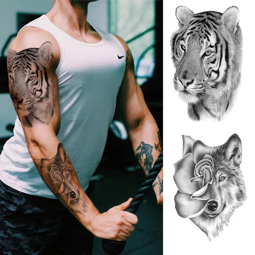 Miniatura 2 de Tatuaje temporal de tigre 3D para hombres y mujeres, gran negro de media manga, realista, animal tigre, tatuaje falso para adultos y adolescentes