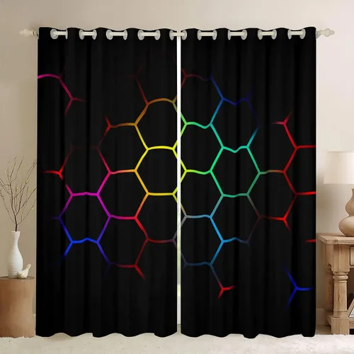 Miniatura 61 de Feelyou - Cortinas de ventana en forma de panal, tema geométrico hexagonal con luces de neón verdes, para chicos adolescentes y hombres, elegante