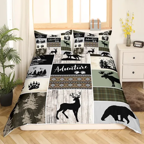 Miniatura 2 de Juego de funda de edredón para niños de ciervo, oso, lobo, tamaño individual, juego de ropa de cama de cabaña de aventura para niños, niñas