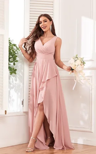 Miniatura 3 de Vestido largo de dama de honor con cuello en V y volantes, de gasa, con abertura, fruncido, acampanado, vestidos formales de noche