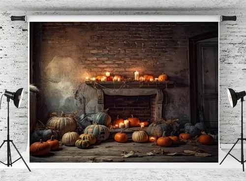 Miniatura 6 de Kate Telón de fondo de chimenea de otoño de Halloween para fotografía, otoño, día de Acción de Gracias, pared de ladrillo, decoración de fiesta
