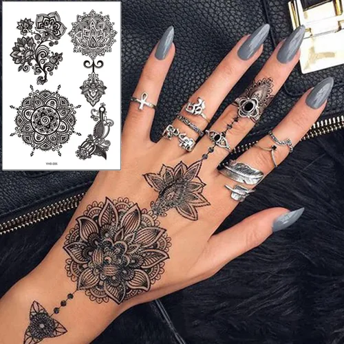 Miniatura 3 de 6 hojas de tatuajes temporales de henna negra para mujeres y niñas, calcomanías de tatuaje falsas de encaje, misterioso, sexy, mandala, flor, diseño