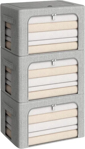 Miniatura 19 de CYhom Paquete de 3 contenedores plegables de almacenamiento - Caja de almacenamiento con marco de tela de lino apilable para ropa con ventana